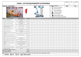 DIÁRIO
17 CHECAR NÍVEL DE ÓLEO DIESEL DO RESERVATÓRIO
18
CHECAR VAZAMENTO EM TODAS AS MANGUEIRAS E
CONEXÕES DA PLATAFORMA
MANGUEIRAS E CONEXÕES HIDRÁULICAS, ÓLEO
DIESEL E ÁGUA
O NÍVEL DEVE ESTAR ACIMA DO MEIO DO TANQUE
-
O MESMO DEVE ESTAR NA MARCA DO
RESERVATÓRIO
AS CONEXÕES DEVEM ESTAR SEM RESÍDUOS DE
ÓLEOS
AS CONEXÕES HIDRÁULICAS DEVEM ESTAR SEM MARCA DE
ÓLEO E AS ELÉTRICAS PRESAS AOS TERMINAIS
EM BOM ESTADO - TODOS OS CONTROLES ESTÃO
FUNCIONANDO
NÃO DEVE HAVER OBSTRUÇÃO NO SEU PERCURSO
FREIO DEVE ESTAR FUNCIONANDO
DIÁRIO
DIÁRIO
O NÍVEL DEVE ESTAR A UM CENTIMETRO ABAIXO DO TOPO
E OS TERMINAIS CONECTADOS NA BATERIAS
O NÍVEL DEVE ESTAR ACIMA DO MEIO DO
MARCADOR
CONDIÇÕES NORMAIS
O MESMO DEVE EMITIR SOM E LUZ COM
INTERMITÊNCIA
OS PNEUS DEVEM ESTAR SEM CORTES E EM BOAS
CONDIÇÕES DE USO
CABOS NÃO PODEM ESTAR EXPOSTOS E
DESENCAPADOS
EXTINTOR DE INCÊNDIO DEVE ESTAR PRESSÃO ADEQUADA
E DENTRO DA VALIDADE
BOTÃO DEVE ESTAR FUNCIONANDO
O MESMO DEVE EMITIR SOM
DIÁRIO
DIÁRIO
16 CHECAR NÍVEL DE TENSÃO
VISTO DE INSPEÇÃO DO OPERADOR EQUIPAMENTO DIÁRIO
VISTO DO LÍDER / ENCARREGADO DIÁRIO
VISTO SEGURANÇA DO TRABALHO SEMANAL
DIÁRIO
DIÁRIO
DIÁRIO
DIÁRIO
DIÁRIO
DIÁRIO
MÁQUINA : PLATAFORMA
CHECK - LIST DO EQUIPAMENTO PLATAFORMA
PERÍODO
DIÁRIO
OBS : ESTE CHECK - LIST DEVE SER PREENCHIDO PELO OPERADOR ANTES DE INICIAR A PRODUÇÃO E VISTADO PELO ENCARREGADO DA ÁREA.
LEGENDA:
7 PAINEL DE CONTROLE DE SOLO
EM BOM ESTADO - TODOS OS CONTROLES ESTÃO
FUNCIONANDO
10 VERIFICAR FREIOS DE RODA E ESTACIONAMENTO
ALARMES: SUBIDA DESCIDA E INCLINAÇÃO
9
PORTÃO DE ACESSO COM TRAVA CONTRA-ABERTURAS
ACIDENTAIS
8 PAINEL DE CONTROLE DA GAIOLA
DIÁRIO
DIÁRIO
DIÁRIO
ITEM ITENS PARA CHECAR :
CHECAR SINALIZADOR ÁUDIO VISUAL
CONDIÇÕES DOS PNEUS (DESGASTE E PRESSÃO)
CIRCUITO ELÉTRICO EM BOAS CONDIÇÕES
EXTINTOR DE INCÊNDIO (CARGA E VALIDADE)
BOTÃO DE EMERGÊNCIA DO PAINEL DE SOLO E DE
OPERAÇÃO FUNCIONANDO
SEGURANÇA LÍDER OPERADOR
MÊS : /20___
31
1
2
3
19 20 21 22
15 16 17 18 28 29 30
23 24 25 26 27
11 12 13 14
7 8 9 10
3 4 5 6
1 2
11 NORMA OPERACIONAL VISÍVEL NA ÁREA DE TRABALHO
5
6
4
12 CHECAR NÍVEL DO ÓLEO HIDRÁULICO NO RESERVATÓRIO DIÁRIO
13 CHECAR CONEXÕES HIDRÁULICAS NAS ARTICULAÇÕES DIÁRIO
14
CHECAR CONEXÕES HIDRÁULICAS E ELÉTRICAS NOS
MOTORES
DIÁRIO
15
CHECAR NÍVEL DE ÁGUA E CONEXÕES ELÉTRICAS DAS
BATERIAS
- OK - NG N/A- NÃO SE APLICA
CAPACETE DE SEGURANÇA
PROTETOR AURICULAR
ÓCULOS DE SEGURANÇA
CALÇADO DE SEGURANÇA
LUVA DE SEGURANÇA
AVENTAL DE RASPA OU LONA
CINTO DE SEGURANÇA CONTRA QUEDA
USO OBRIGATÓRIO DOS EPI'S:
4
X
2
3
5 6
7
8
9
11
12
13
14
16 17
1
2
3
5
6
7
8
9
12 13
14
16
1
10
10
 