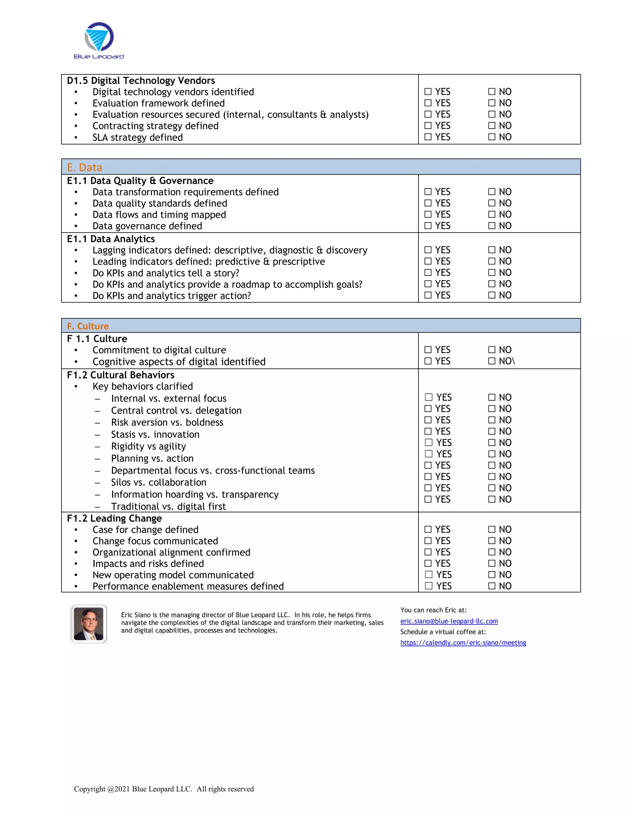 Copyright @2021 Blue Leopard LLC. All rights reserved
D1.5 Digital Technology Vendors
• Digital technology vendors identified
• Evaluation framework defined
• Evaluation resources secured (internal, consultants & analysts)
• Contracting strategy defined
• SLA strategy defined
☐ YES ☐ NO
☐ YES ☐ NO
☐ YES ☐ NO
☐ YES ☐ NO
☐ YES ☐ NO
E. Data
E1.1 Data Quality & Governance
• Data transformation requirements defined
• Data quality standards defined
• Data flows and timing mapped
• Data governance defined
☐ YES ☐ NO
☐ YES ☐ NO
☐ YES ☐ NO
☐ YES ☐ NO
E1.1 Data Analytics
• Lagging indicators defined: descriptive, diagnostic & discovery
• Leading indicators defined: predictive & prescriptive
• Do KPIs and analytics tell a story?
• Do KPIs and analytics provide a roadmap to accomplish goals?
• Do KPIs and analytics trigger action?
☐ YES ☐ NO
☐ YES ☐ NO
☐ YES ☐ NO
☐ YES ☐ NO
☐ YES ☐ NO
F. Culture
F 1.1 Culture
• Commitment to digital culture
• Cognitive aspects of digital identified
☐ YES ☐ NO
☐ YES ☐ NO
F1.2 Cultural Behaviors
• Key behaviors clarified
− Internal vs. external focus
− Central control vs. delegation
− Risk aversion vs. boldness
− Stasis vs. innovation
− Rigidity vs agility
− Planning vs. action
− Departmental focus vs. cross-functional teams
− Silos vs. collaboration
− Information hoarding vs. transparency
− Traditional vs. digital first
☐ YES ☐ NO
☐ YES ☐ NO
☐ YES ☐ NO
☐ YES ☐ NO
☐ YES ☐ NO
☐ YES ☐ NO
☐ YES ☐ NO
☐ YES ☐ NO
☐ YES ☐ NO
☐ YES ☐ NO
F1.2 Leading Change
• Case for change defined
• Change focus communicated
• Organizational alignment confirmed
• Impacts and risks defined
• New operating model communicated
• Performance enablement measures defined
☐ YES ☐ NO
☐ YES ☐ NO
☐ YES ☐ NO
☐ YES ☐ NO
☐ YES ☐ NO
☐ YES ☐ NO
Eric Siano is the managing director of Blue Leopard LLC. In his role, he helps firms
navigate the complexities of the digital landscape and transform their marketing, sales
and digital capabilities, processes and technologies.
You can reach Eric at:
eric.siano@blue-leopard-llc.com
Schedule a virtual coffee at:
https://calendly.com/eric-siano/meeting
 