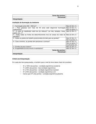 6
Soma dos pontos:
Percentual
Interpretação:
Avaliação da Iluminação do Ambiente
1 – Iluminação entre 450 – 550 lux? Não (0) Sim (1)
2 – Para pessoas com mais de 45 anos está disponível iluminação
suplementar?
Não (0) Sim (1)
Não se aplica (1)
3 – A visão do trabalhador está livre de reflexos? (ver tela, teclados, mesa,
papéis, etc...)?
Não (0) Sim (1)
4 – Estão todas as fontes de deslumbramento fora do campo de visão do
operador?
Não (0) Sim (1)
5 – Estão os postos de trabalho posicionados de lado para as janelas? Não (0) Sim (1)
Não há janelas (1)
6 – Caso contrário, as janelas têm persianas e cortinas? Não (0) Sim (1)
Não se aplica (1)
Insuficientes (0)
7– O brilho do piso é baixo? Não (0) Sim (1)
8– A legibilidade do documento é satisfatória? Não (0) Sim (1)
Soma dos pontos:
Percentual
Interpretação:
Critério de Interpretação
Em cada dos itens pesquisados, e também para o total de itens deste check list considere:
- 91 a 100% dos pontos – condição ergonômica excelente
- 71 a 90% dos pontos – boa condição ergonômica
- 51 a 70% dos pontos – condição ergonômica razoável
- 31 a 50% dos pontos – condição ergonômica ruim
- menos que 31% dos pontos – condição ergonômica péssima
 
