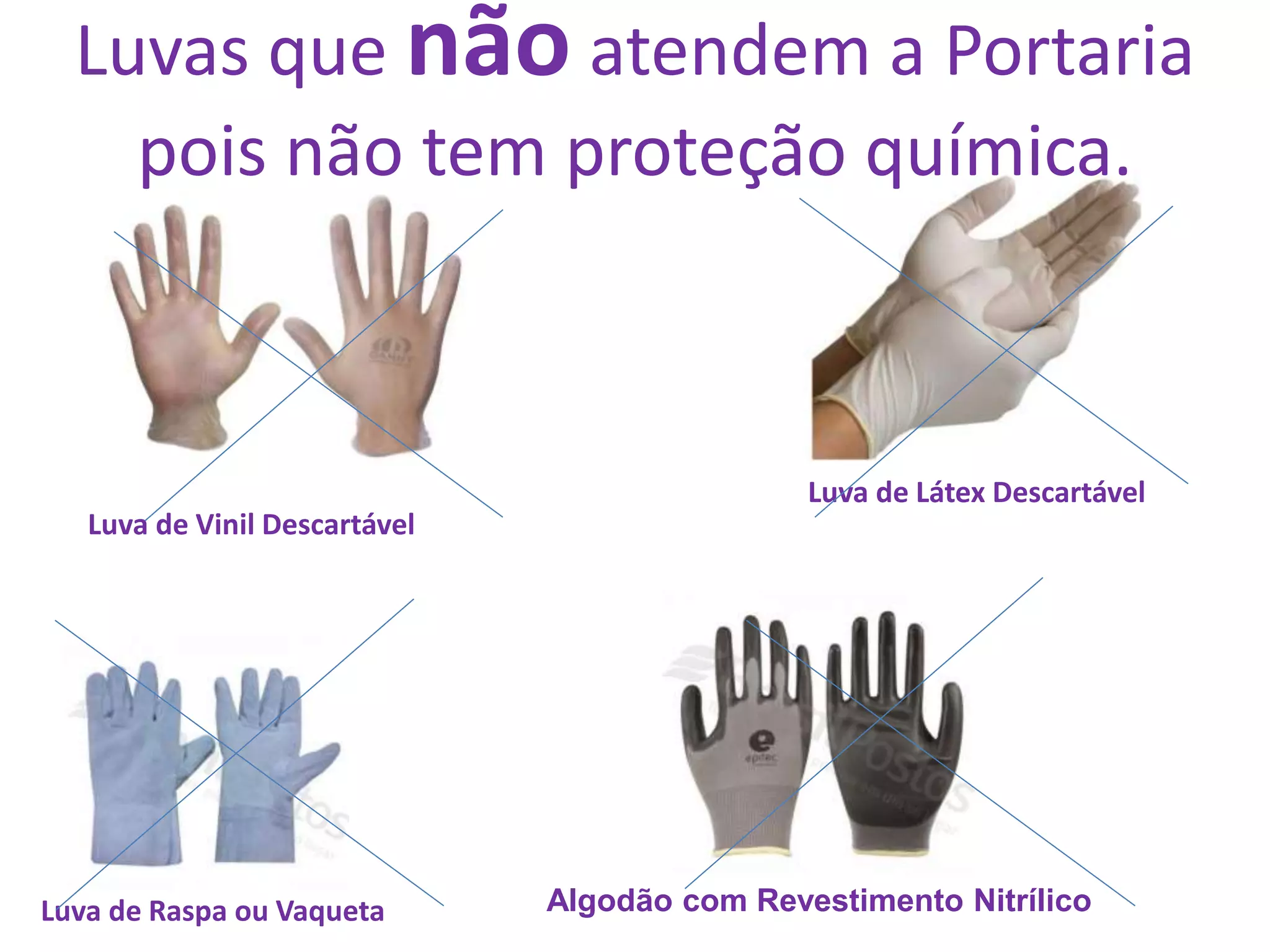 ATENÇÃO - Luvas que não atendem a
Portaria pois não tem proteção
química.
Luva de Raspa ou Vaqueta Algodão com Revestimento Nitrílico
Luva de Vinil Descartável
Luva de Látex DescartávelLuva de Látex Descartável
Luvas que não atendem a Portaria
pois não tem proteção química.
 