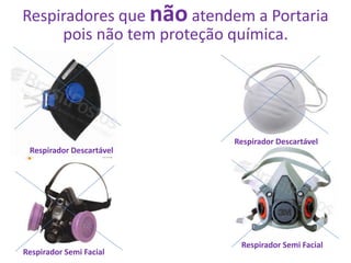 ARTENÇÃO - Luvas que não atendem
a Portaria pois não tem proteção
química.
Respirador Semi Facial
Respiradores que não atendem a Portaria
pois não tem proteção química.
Respirador Descartável
Respirador Semi Facial
Respirador Descartável
 