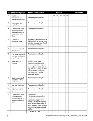 Early Childhood Care and Development (ECCD) Checklist, Child’s Record 1
14
Ex pressiveLanguage Material/Procedure Present Comments
12. Chatters in a
conversational tone
withoutusingreal words.
Parental report will suffice.
1st 2nd 3rd 4th 5th 6th
13. Triesto imitatereal
wordsofadult
Parental report will suffice.
14. Combinessingle words
and gesturesto make
wants known (e.g., “out”
while pointingto the
door)
Parental report will suffice.
15. Uses 5 to20
recognizable words
PROCEDURE: A
sk the caregiver if the
child can clearly say five to six words
aside from mama and papa. This will
be the minimum number.
16. Uses pronouns (e.g. I,
me, ako, akin)
Parental report will suffice.
17. Uses two- to three-word
verb-noun combinations
(e.g., hingi gatas)
Parental report will suffice.
18. Names objects in
pictures
MA
TERIA
L
:picture book
PROCEDURE:Showthe child a
picture book, point to an object in
the book, then ask himto name this
(e.g., Ano ito?). Credit if the child
can say the correct name of at
least four objects. Parental
report will suffice.
19. Speaksingrammatically
correct two-tothree-
wordsentences
Parental report will suffice.
20. Asks“what” questions Parental report will suffice.
21. Asks “who” and“why“
questions
Parental report will suffice.
22. Givesaccountofrecent
experiences (with
prompting)in order of
occurrence using past
tense
PROCEDURE:
Askthe caregiver ifthe child can
recountrecent experiences in correct
sequenceandusingpasttenses
correctly.Thecaregiver can prompt
himso he can complete what he is
talking about (e.g., Tapos ano pang
nangyari?). Parental report will
suffice.
TOTALSCORE
 