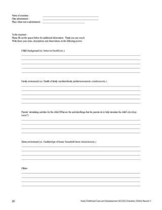 Early Childhood Care and Development (ECCD) Checklist, Child’s Record 1
20
Nameofexaminer :
Date administered :
Place where testisadministered :
Tothe examiner :
Please fill outthe spacesbelowfor additionalinformation. Thankyouverymuch.
Writedown your notes, descriptions and observations on the followingpoints:
Child’s background (ex. behavior/health/etc.)
Familyenvironment (ex. Health offamily members/family problems/economic conditions/etc.)
Parents’ stimulating activities for the child (Whatare the activities/thingsthat the parents do to help stimulate the child’s develop-
ment?)
Home environment (ex. Facilities/type ofhouse/ household items/ interaction/etc.)
Others
 