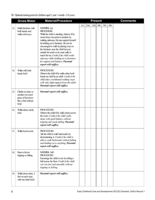 Early Childhood Care and Development (ECCD) Checklist, Child’s Record 1
6
B. Optionalstartingpointforchildrenaged1year1month-3.0years
Gross Motor Material/Procedure Present Comments
13. Holdsfurniture with
both hands and
walkssideways
M
A
TE
R
I
A
L
: toy
PROCEDURE:
Whilethe childis standing, observeifhe
movesfromone point to another by
walking sideways.Hemaysupporthimself
byholdingon to furniture. Hecan be
encouragedto walk byplacinga toyon
the furniture near the child but just
outside hisreach so he must walk to
reach the toy.Credit if the child walks
sideways while holding on to furniture
for support and balance. Parental
report will suffice.
1st 2nd 3rd 4th 5th 6th
14. Walkswith both
hands held
PROCEDURE:
Observethechild ifhe walkswhen both
hands are held byan adult. Credit if the
child takes coordinated walking steps
with only slight support from the adult.
Parental report will suffice.
15. Climbsonchair or
anotherelevated
pieceoffurniture
like a bed without
help
Parental report will suffice.
16. Walksalone,rarely
falls
PROCEDURE:
Observethechildifhe walks aloneacross
the room. Credit if the child walks
alone with good balance without
tripping and rarely falling. Parental
report will suffice.
17. Walksbackwards PROCEDURE:
Askthe child to walk backwards by
demonstrating it. Credit if the child is
able to walk backwards without falling
and holding on to anything. Parental
report will suffice.
18. Runs without
tripping or falling
M
A
TE
R
IA
L
: ball
PROCEDURE:
Encourage the child to run byrollinga
ballacross the floor. Credit if the child
can run fast and smoothly without
tripping or falling.
19. Walksdownstairs, 2
feet oneach step,
with one hand held
Parental report will suffice.
 