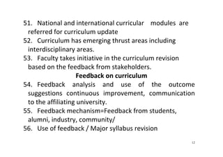 12
51. National and international curricular    modules  are 
referred for curriculum update 
52. Curriculum has emerging thrust areas including 
interdisciplinary areas. 
53. Faculty takes initiative in the curriculum revision 
based on the feedback from stakeholders. 
Feedback on curriculum 
54. Feedback  analysis  and  use  of  the  outcome 
suggestions  continuous  improvement,  communication 
to the affiliating university. 
55. Feedback mechanism=Feedback from students, 
alumni, industry, community/  
56. Use of feedback / Major syllabus revision 
 