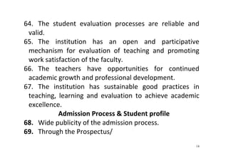 14
64. The  student  evaluation  processes  are  reliable  and 
valid.  
65. The  institution  has  an  open  and  participative 
mechanism  for  evaluation  of  teaching  and  promoting 
work satisfaction of the faculty.  
66. The  teachers  have  opportunities  for  continued 
academic growth and professional development.   
67. The  institution  has  sustainable  good  practices  in 
teaching,  learning  and  evaluation  to  achieve  academic 
excellence. 
Admission Process & Student profile 
68. Wide publicity of the admission process.   
69. Through the Prospectus/  
 