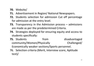 15
70. Website/  
71. Advertisement in Region/ National Newspapers.   
72. Students selection for admission Cut off percentage 
for admission at the entry level.  
73. Transparency in the Admission process – admissions 
are made as per the predetermined Criteria.   
74. Strategies deployed for ensuring equity and access to 
students specifically:  
75. Students  from  disadvantaged 
community/Women/Physically  Challenged/ 
Economically weaker sections/Sports personnel. 
76. Selection criteria (Merit, Interview score, Aptitude 
test)/  
 