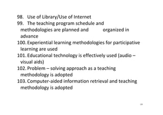 19
98. Use of Library/Use of Internet 
99. The teaching program schedule and      
methodologies are planned and            organized in 
advance 
100. Experiential learning methodologies for participative 
learning are used 
101. Educational technology is effectively used (audio – 
visual aids) 
102. Problem – solving approach as a teaching 
methodology is adopted 
103. Computer‐aided information retrieval and teaching 
methodology is adopted 
 