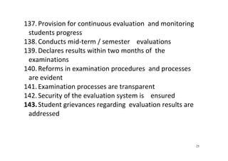 25
137. Provision for continuous evaluation  and monitoring 
students progress   
138. Conducts mid‐term / semester    evaluations 
139. Declares results within two months of  the 
examinations 
140. Reforms in examination procedures  and processes 
are evident 
141. Examination processes are transparent       
142. Security of the evaluation system is    ensured 
143.Student grievances regarding  evaluation results are 
addressed 
 