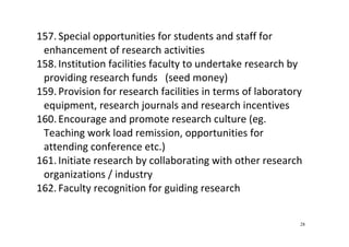 28
157. Special opportunities for students and staff for 
enhancement of research activities 
158. Institution facilities faculty to undertake research by 
providing research funds   (seed money) 
159. Provision for research facilities in terms of laboratory 
equipment, research journals and research incentives 
160. Encourage and promote research culture (eg. 
Teaching work load remission, opportunities for 
attending conference etc.) 
161. Initiate research by collaborating with other research 
organizations / industry 
162. Faculty recognition for guiding research 
 