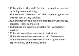 34
196. Benefits  to  the  staff  for  the  consultation  provided 
including revenue sharing.   
197. Institution  utilization  of  the  revenue  generated 
through consultancy services. 
198. Consultancy/Promotion of Consultancy/ Consultancy 
services/ Finance generated 
199. Publicize the expertise available for    consultancy 
services 
200. Render consultancy services to  industries 
201. Render consultancy services to be    Government 
202. Render consultancy services to Non‐   government 
organizations / community / public 
 