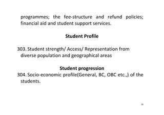50
programmes;  the  fee‐structure  and  refund  policies; 
financial aid and student support services.   
 
Student Profile 
 
303. Student strength/ Access/ Representation from 
diverse population and geographical areas 
 
Student progression 
304. Socio‐economic profile(General, BC, OBC etc.,) of the 
students.  
 