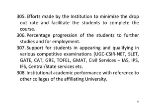 51
305. Efforts made by the Institution to minimize the drop 
out  rate  and  facilitate  the  students  to  complete  the 
course.  
306. Percentage  progression  of  the  students  to  further 
studies and for employment.  
307. Support  for  students  in  appearing  and  qualifying  in 
various competitive examinations (UGC‐CSIR‐NET, SLET, 
GATE, CAT, GRE, TOFEL, GMAT, Civil Services – IAS, IPS, 
IFS, Central/State services etc. 
308. Institutional academic performance with reference to 
other colleges of the affiliating University. 
 
 
 