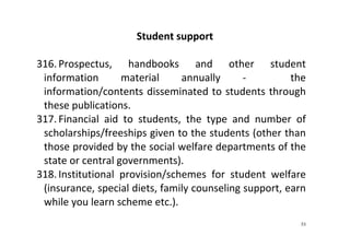 53
Student support 
 
316. Prospectus,  handbooks  and  other  student 
information  material  annually  ‐    the 
information/contents disseminated to students through 
these publications.    
317. Financial  aid  to  students,  the  type  and  number  of 
scholarships/freeships given to the students (other than 
those provided by the social welfare departments of the 
state or central governments).  
318. Institutional  provision/schemes  for  student  welfare 
(insurance, special diets, family counseling support, earn 
while you learn scheme etc.).   
 