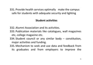 56
331. Provide health services optimally   make the campus 
safe for students with adequate security and lighting 
 
Student activities 
 
332. Alumni Association and its activities.  
333. Publication materials like catalogues, wall magazines 
etc, college magazine etc.  
334. Student  council  or  any  similar  body  –  constitution, 
major activities and funding.  
335. Mechanism to seek and use data and feedback from 
its  graduates  and  from  employers  to  improve  the 
 