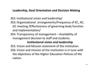 60
Leadership, Goal Orientation and Decision Making 
 
352. Institutional vision and leadership/ 
353. Organizational  arrangements/Frequency of EC, AC, 
GC meeting /Effectiveness of governing body function 
and implementation/  
354. Transparency of management – Availability of 
management decision to staff and students. 
Institutional vision and leadership 
355. Vision and Mission statement of the institution.   
356. Vision and mission of the institution is in tune with 
the objectives of the Higher Education Policies of the 
nation. 
 