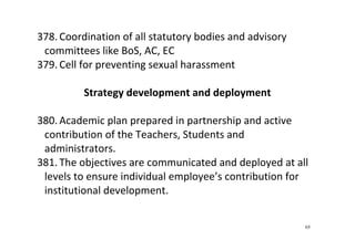 65
378. Coordination of all statutory bodies and advisory 
committees like BoS, AC, EC 
379. Cell for preventing sexual harassment 
 
Strategy development and deployment 
 
380. Academic plan prepared in partnership and active 
contribution of the Teachers, Students and 
administrators.  
381. The objectives are communicated and deployed at all 
levels to ensure individual employee’s contribution for 
institutional development.  
 