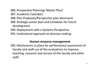 67
386. Perspective Planning/ Master Plan/   
387. Academic Calendar/  
388. Plan Proposals/Perspective plan document 
389. Strategic action plan and schedules for future 
development 
390. Deployment with a Systems Perspective 
391. Institutional approach to decision making 
 
Human resource management 
392. Mechanisms in place for performance assessment of 
faculty and staff use of the evaluations to improve 
teaching, research and service of the faculty and other 
staff.  
 