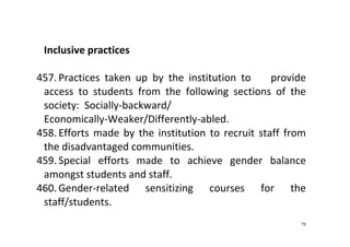 79
 
Inclusive practices    
 
457. Practices  taken  up  by  the  institution  to        provide 
access  to  students  from  the  following  sections  of  the 
society:  Socially‐backward/ 
Economically‐Weaker/Differently‐abled. 
458. Efforts made by the institution to recruit staff from 
the disadvantaged communities. 
459. Special  efforts  made  to  achieve  gender  balance 
amongst students and staff. 
460. Gender‐related  sensitizing  courses  for  the 
staff/students. 
 