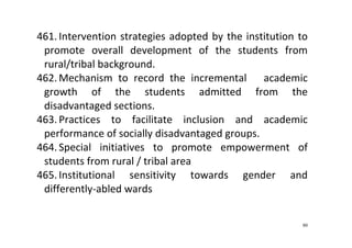 80
461. Intervention strategies adopted by the institution to 
promote  overall  development  of  the  students  from 
rural/tribal background. 
462. Mechanism  to  record  the  incremental      academic 
growth  of  the  students  admitted  from  the 
disadvantaged sections. 
463. Practices  to  facilitate  inclusion  and  academic 
performance of socially disadvantaged groups. 
464. Special  initiatives  to  promote  empowerment  of 
students from rural / tribal area 
465. Institutional  sensitivity  towards  gender  and 
differently‐abled wards 
 