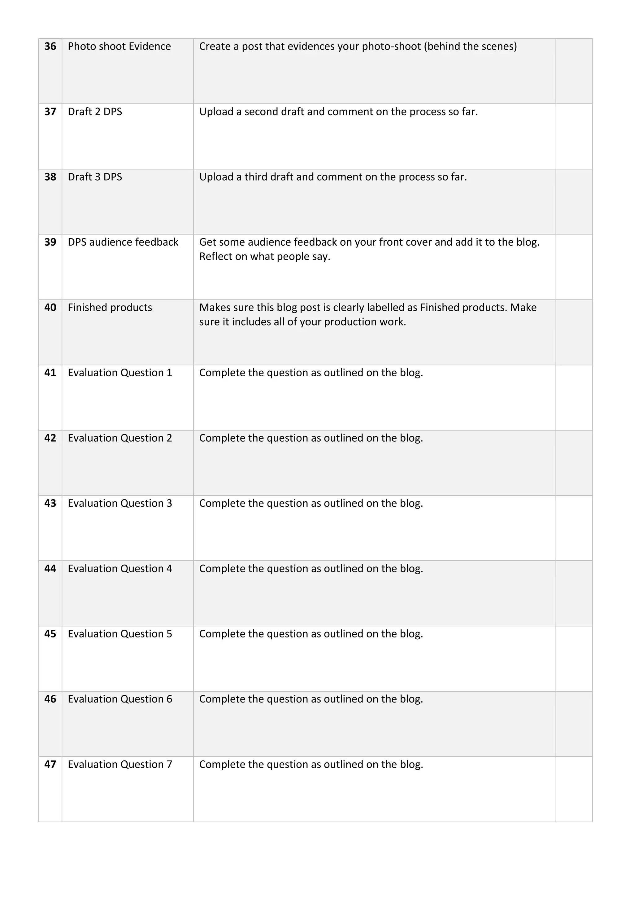 36 Photo shoot Evidence Create a post that evidences your photo-shoot (behind the scenes)
37 Draft 2 DPS Upload a second draft and comment on the process so far.
38 Draft 3 DPS Upload a third draft and comment on the process so far.
39 DPS audience feedback Get some audience feedback on your front cover and add it to the blog.
Reflect on what people say.
40 Finished products Makes sure this blog post is clearly labelled as Finished products. Make
sure it includes all of your production work.
41 Evaluation Question 1 Complete the question as outlined on the blog.
42 Evaluation Question 2 Complete the question as outlined on the blog.
43 Evaluation Question 3 Complete the question as outlined on the blog.
44 Evaluation Question 4 Complete the question as outlined on the blog.
45 Evaluation Question 5 Complete the question as outlined on the blog.
46 Evaluation Question 6 Complete the question as outlined on the blog.
47 Evaluation Question 7 Complete the question as outlined on the blog.
 