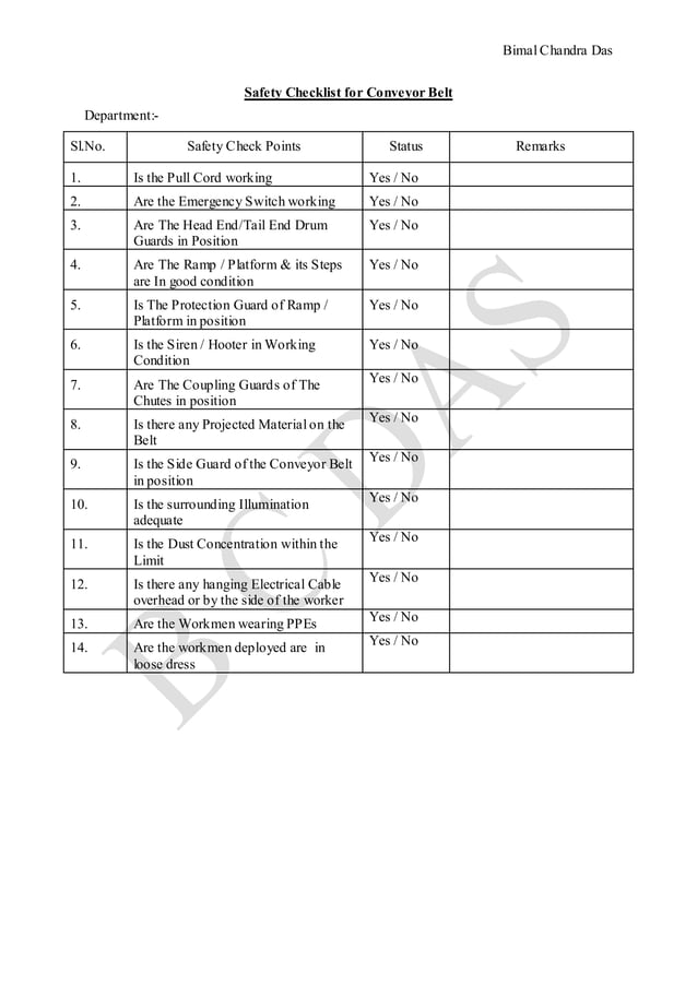 Check list for conveyor belt inspection PDF