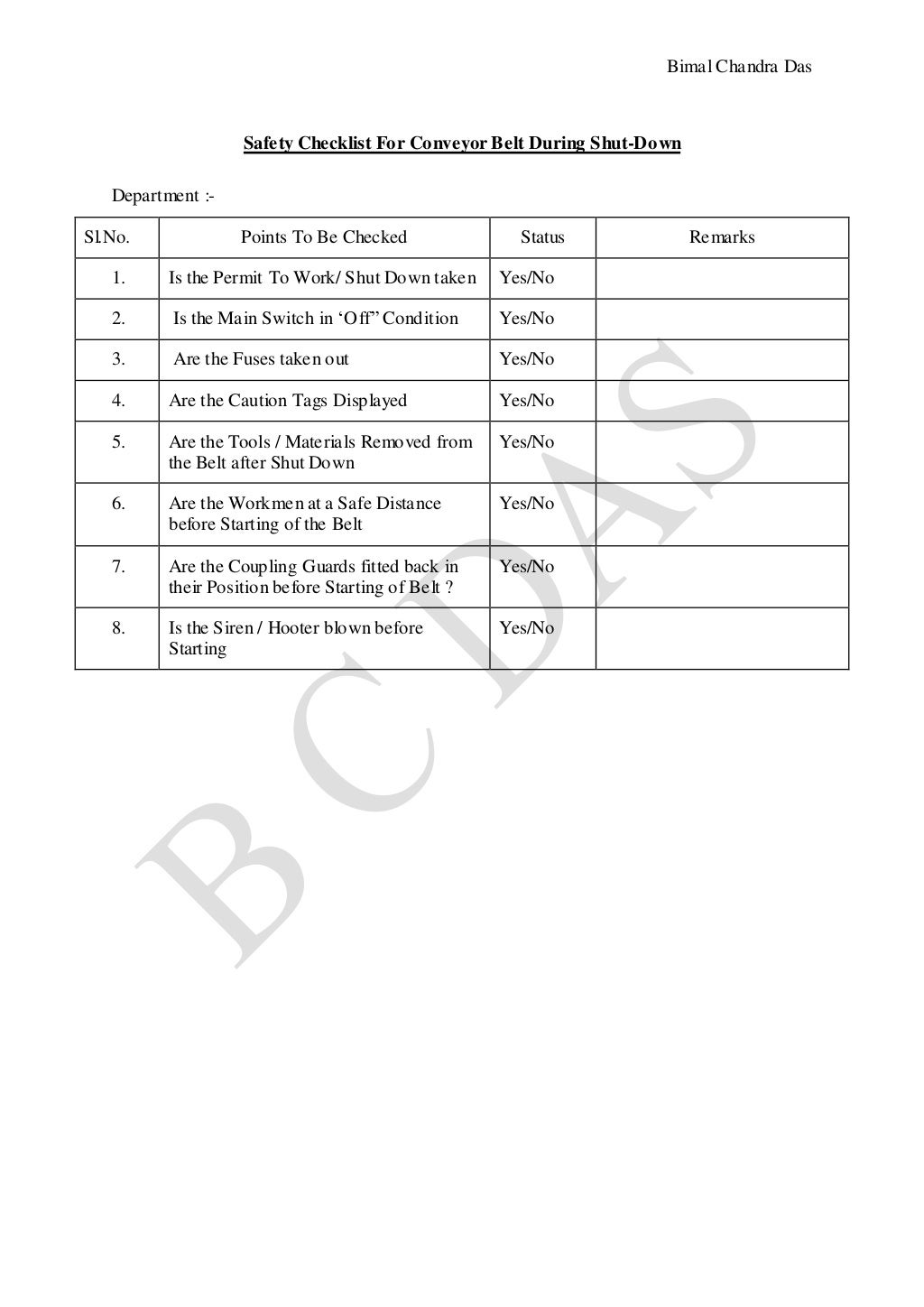 Check list for conveyor belt inspection