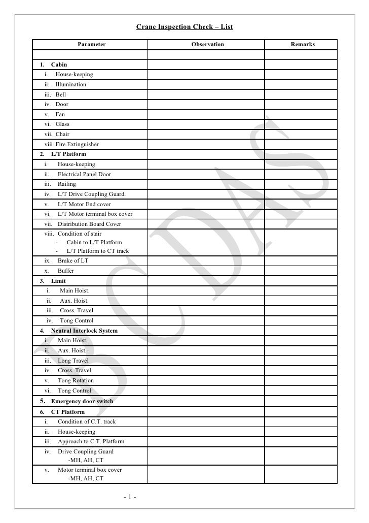 Check list for crane inspection, B C Das