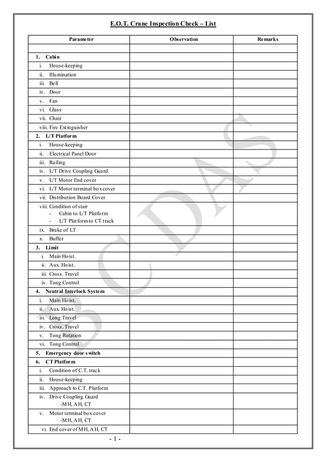 EOT Crane Inspection Check list, helpful for safety officers during ...