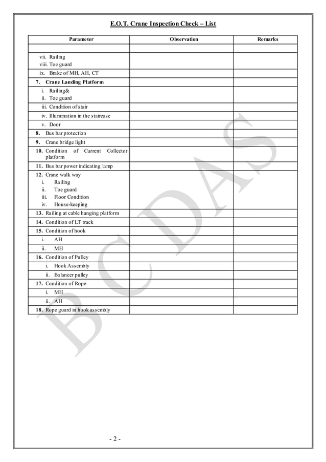 EOT Crane Inspection Check list, helpful for safety officers during ...