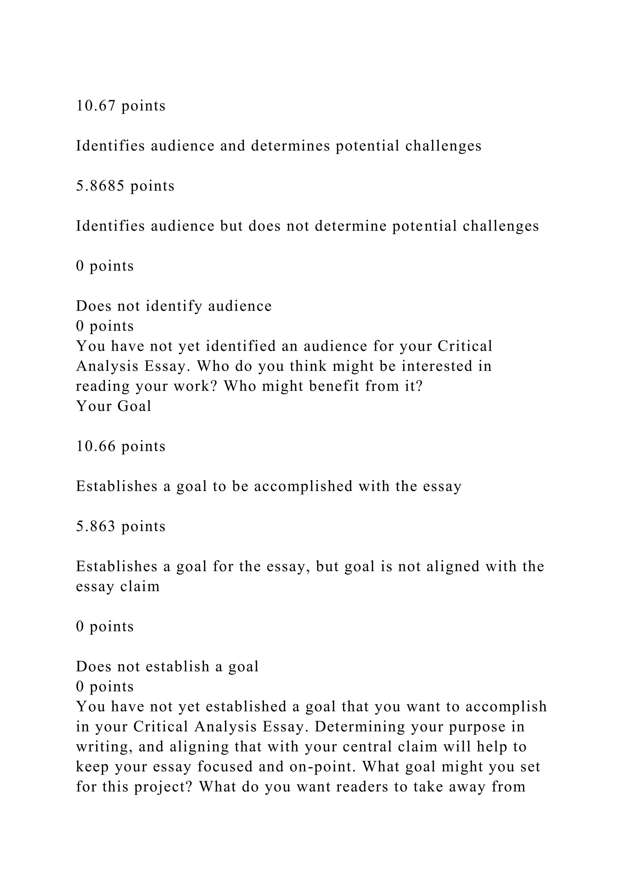 10.67 points
Identifies audience and determines potential challenges
5.8685 points
Identifies audience but does not determine potential challenges
0 points
Does not identify audience
0 points
You have not yet identified an audience for your Critical
Analysis Essay. Who do you think might be interested in
reading your work? Who might benefit from it?
Your Goal
10.66 points
Establishes a goal to be accomplished with the essay
5.863 points
Establishes a goal for the essay, but goal is not aligned with the
essay claim
0 points
Does not establish a goal
0 points
You have not yet established a goal that you want to accomplish
in your Critical Analysis Essay. Determining your purpose in
writing, and aligning that with your central claim will help to
keep your essay focused and on-point. What goal might you set
for this project? What do you want readers to take away from
 