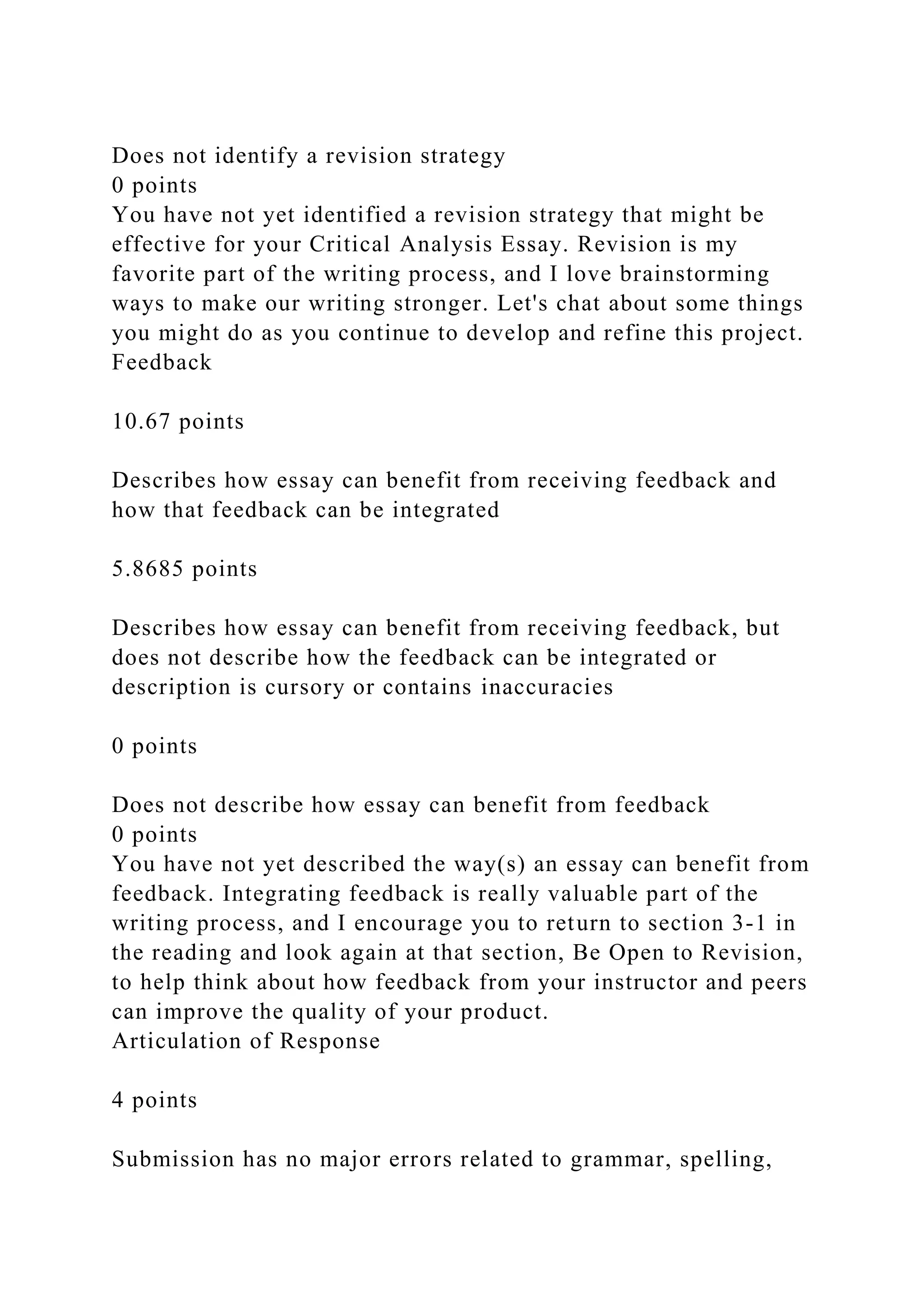 Does not identify a revision strategy
0 points
You have not yet identified a revision strategy that might be
effective for your Critical Analysis Essay. Revision is my
favorite part of the writing process, and I love brainstorming
ways to make our writing stronger. Let's chat about some things
you might do as you continue to develop and refine this project.
Feedback
10.67 points
Describes how essay can benefit from receiving feedback and
how that feedback can be integrated
5.8685 points
Describes how essay can benefit from receiving feedback, but
does not describe how the feedback can be integrated or
description is cursory or contains inaccuracies
0 points
Does not describe how essay can benefit from feedback
0 points
You have not yet described the way(s) an essay can benefit from
feedback. Integrating feedback is really valuable part of the
writing process, and I encourage you to return to section 3-1 in
the reading and look again at that section, Be Open to Revision,
to help think about how feedback from your instructor and peers
can improve the quality of your product.
Articulation of Response
4 points
Submission has no major errors related to grammar, spelling,
 