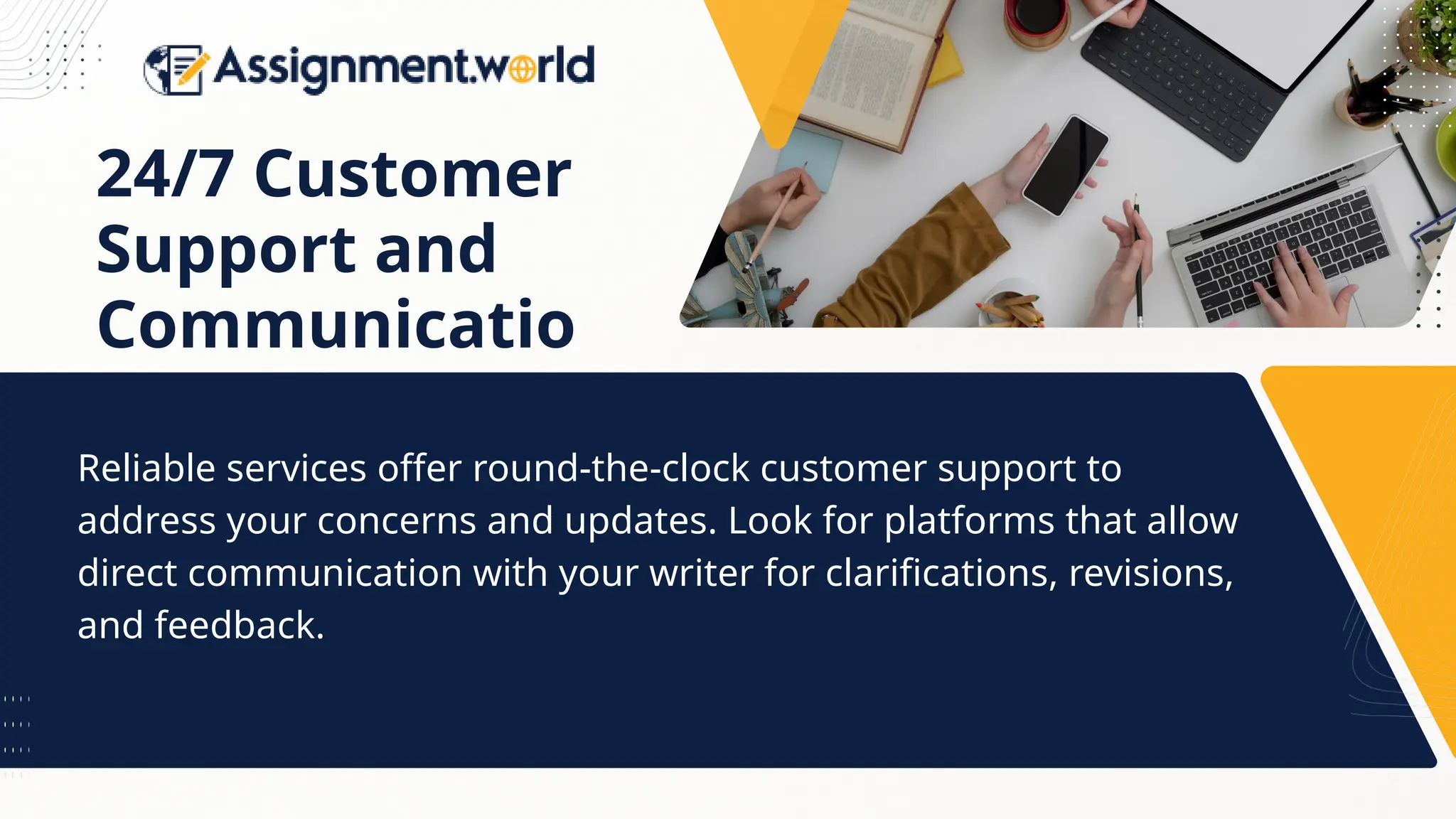 24/7 Customer
Support and
Communicatio
n
Reliable services offer round-the-clock customer support to
address your concerns and updates. Look for platforms that allow
direct communication with your writer for clarifications, revisions,
and feedback.
 
