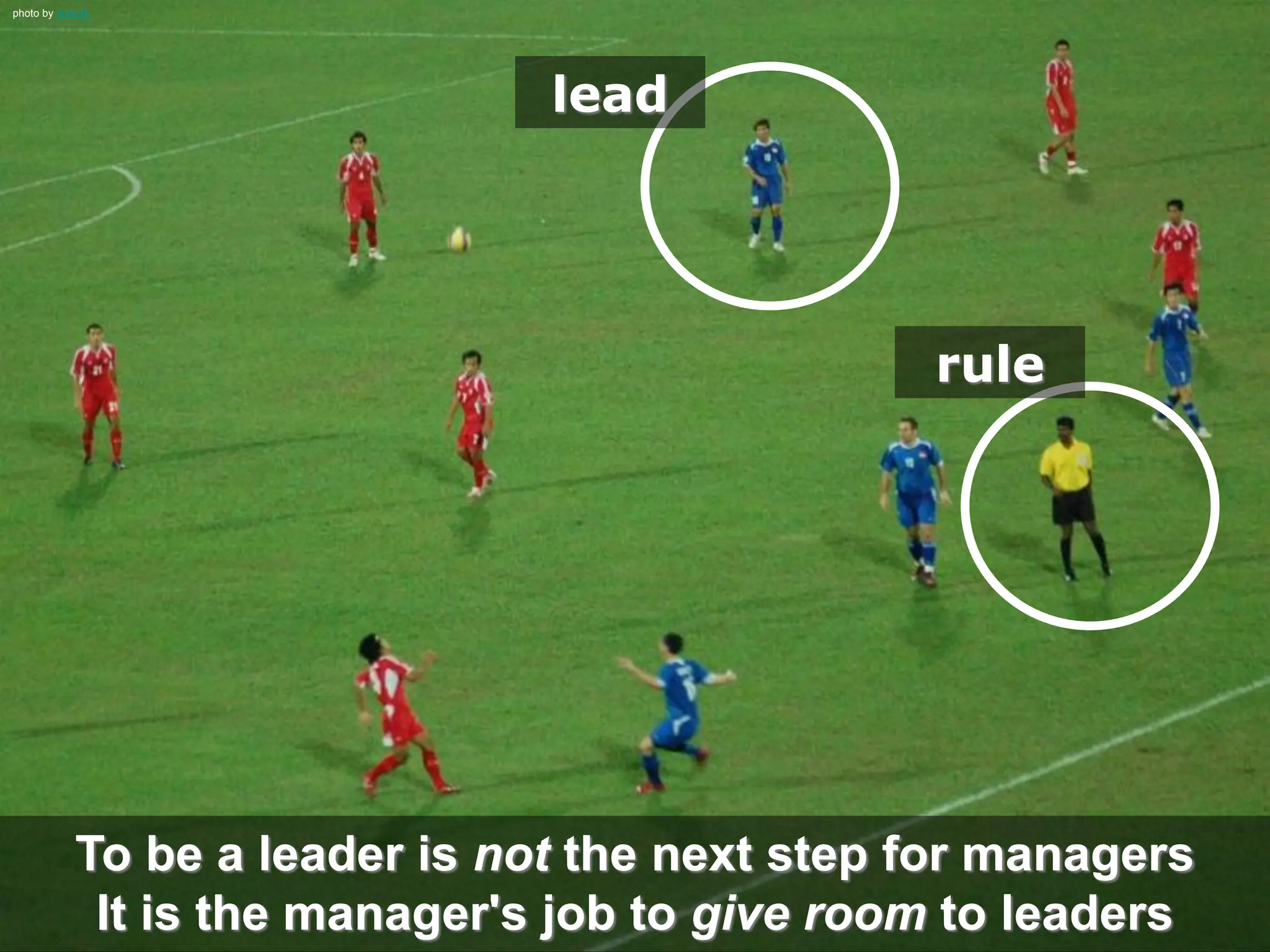 photo by sonictk
lead
rule
To be a leader is not the next step for managers
It is the manager's job to give room to leaders
 