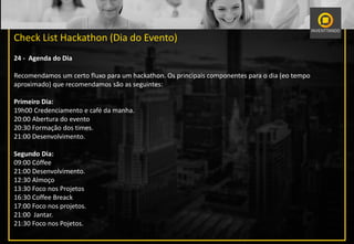 Check List Hackathon (Dia do Evento)
24 - Agenda do Dia
Recomendamos um certo fluxo para um hackathon. Os principais componentes para o dia (eo tempo
aproximado) que recomendamos são as seguintes:
Primeiro Dia:
19h00 Credenciamento e café da manha.
20:00 Abertura do evento
20:30 Formação dos times.
21:00 Desenvolvimento.
Segundo Dia:
09:00 Cóffee
21:00 Desenvolvimento.
12:30 Almoço
13:30 Foco nos Projetos
16:30 Coffee Breack
17:00 Foco nos projetos.
21:00 Jantar.
21:30 Foco nos Pojetos.
 