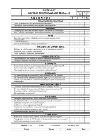 CHECK - LIST
INSPEÇÃO DE SEGURANÇA DO TRABALHO Folha:
2/2
Revisão:
00
A S S U N T O S S N P NA
ARMAZENAGEM DE MATERIAIS
• Possui local específico para armazenamento de materiais?
• Os materiais estão empilhados ou ordenados adequadamente?
•
UNIFORMES
• Os empregados possuem uniformes limpos e bom estado de conservação?
• Possui estoque suficiente para atender as necessidades dos empregados?
•
PISOS
• Superfície segura para o trabalhador, sem buracos e se possível com
antiderrapante?
• Livres de obstáculos?
• Claramente demarcados em seus locais de risco?
•
ORGANIZAÇÃO E LIMPEZA GERAL
• Os locais de trabalho estão organizados, livres de sujeiras e de materiais?
• As sucatas estão em locais inadequados?
• Possui vasilhames para coleta seletiva de lixo?
•
ESCADAS PORTÁTEIS
• Escadas metálicas tem sapatas de borracha para evitar escorregões?
• Os degraus estão em bom estado de condições de uso?
•
ILUMINAÇÃO
• As luminárias encontram-se em boas condições de conservação e limpas?
• As luminárias estão completas e sem lâmpadas queimadas?
• A iluminação ambiente atende a necessidade, ou é insuficiente?
•
BEBEDOUROS
• Em boas condições de funcionamento, água potável e filtro não saturado?
• Em número suficiente atendendo dispositivo legal (01 para cada 50 trabalhadores)?
• Existem copos descartáveis ou dispositivos adequados para os empregados
beberem água?
•
BANHEIROS / VESTIÁRIOS
• Lavatórios, mictórios e sanitários estão em boas condições de uso?
• Em número suficiente atendendo dispositivo legal (01 para cada 20 trabalhadores)?
• Chuveiro e armários em boas condições de uso?
• São higienizados corretamente?
•
ESCRITÓRIO
• Passagens entre máquinas e móveis estão livres e desimpedidas?
• Fios de máquinas, telefones, em boas condições e fora das passagens? Livres de objetos?
• Cadeiras e mesas com pés em bom estado?
• Ventiladores possuem grade de proteção?
• As salas são bem ventiladas, possuem climatização agradável?
• As telas dos computadores estão na altura correta?
• As cadeiras possuem descanso para braços?
•
ELETRICIDADE
• As tomadas, caixas e painéis elétricos possuem indicação de voltagem?
• As exigências mínimas da NR 10 estão sendo cumpridas (equipamentos / instalações)?
• A edificação possui aterramento elétrico?
•
Legenda: S - Sim N – Não P - Parcialmente NA – Não se Aplica
Nome Cargo Visto Data
 