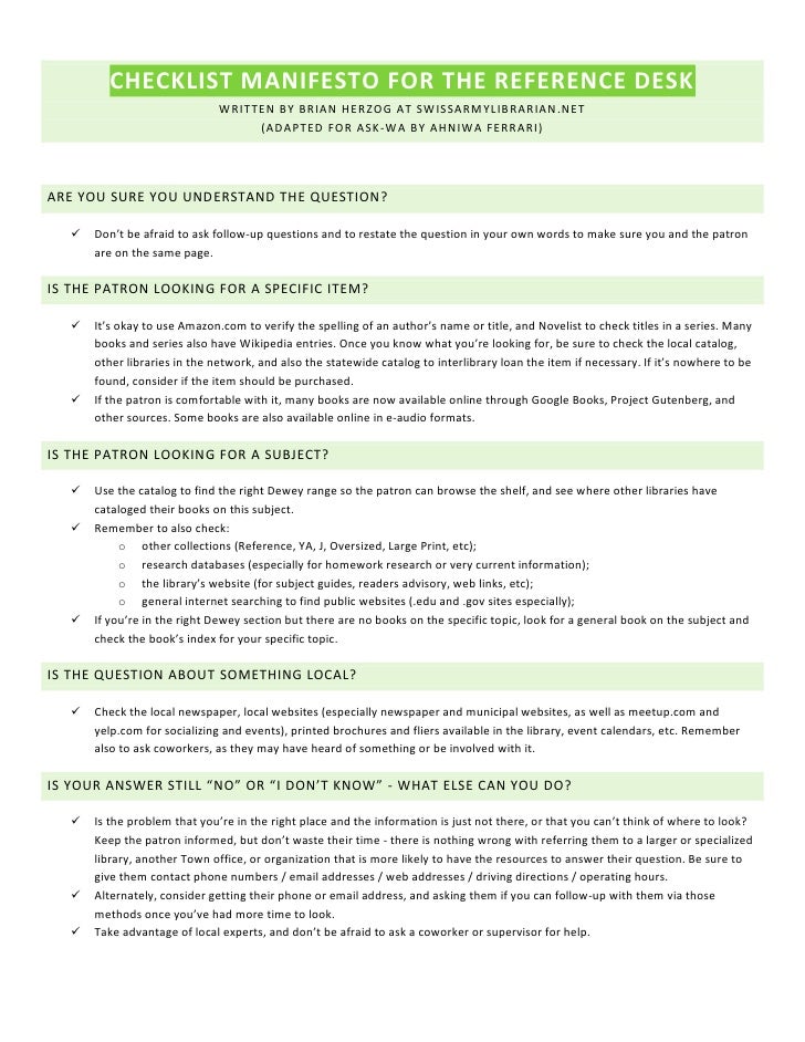 Checklist Manifesto For The Reference Desk Adapted For Wa