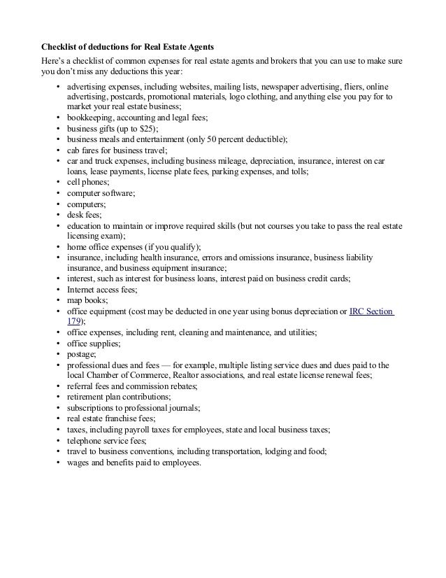 Checklist of deductions for real estate agents