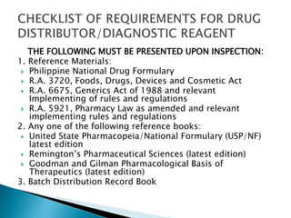 THE FOLLOWING MUST BE PRESENTED UPON INSPECTION: 
1. Reference Materials: 
 Philippine National Drug Formulary 
 R.A. 3720, Foods, Drugs, Devices and Cosmetic Act 
 R.A. 6675, Generics Act of 1988 and relevant 
Implementing of rules and regulations 
 R.A. 5921, Pharmacy Law as amended and relevant 
implementing rules and regulations 
2. Any one of the following reference books: 
 United State Pharmacopeia/National Formulary (USP/NF) 
latest edition 
 Remington’s Pharmaceutical Sciences (latest edition) 
 Goodman and Gilman Pharmacological Basis of 
Therapeutics (latest edition) 
3. Batch Distribution Record Book 
 
