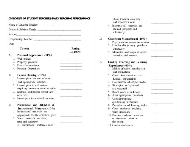 checklist of student teacher teacher checklist