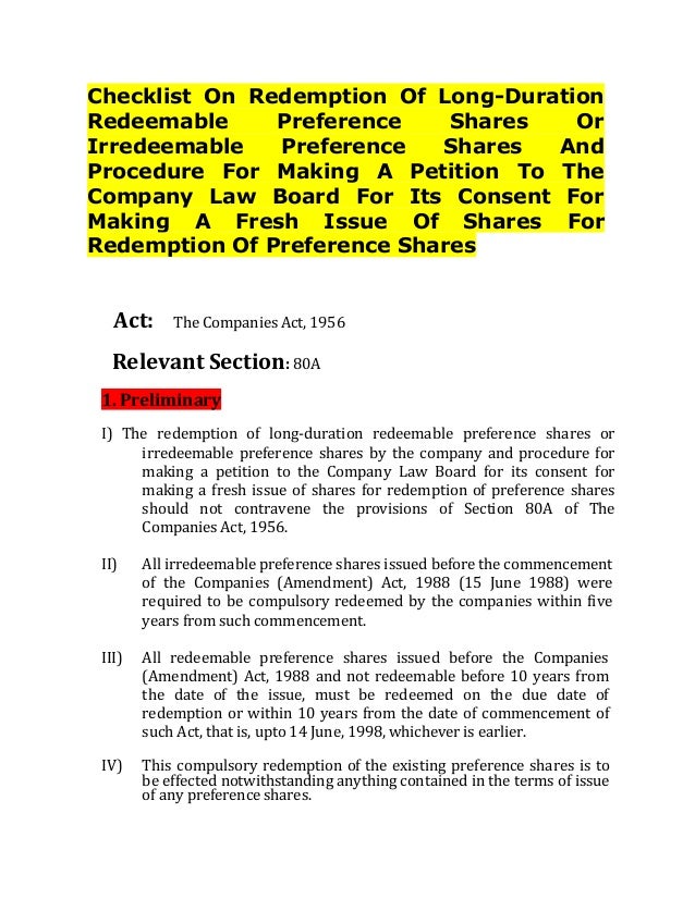 CHECKLIST ON REDEMPTION OF LONG DURATION REDEEMABLE PREFERENCE SHARES…