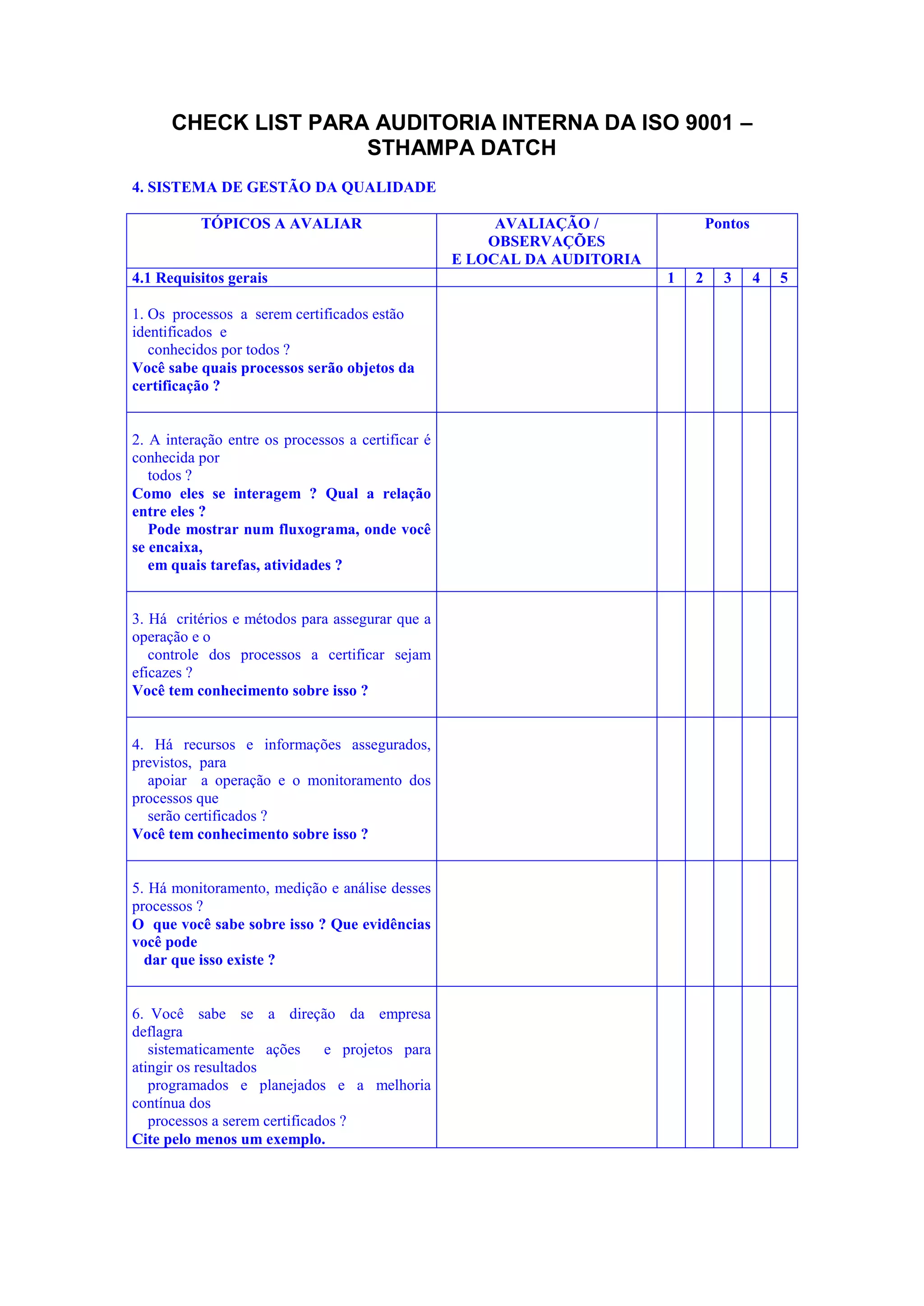 Check list para auditoria interna | DOCX