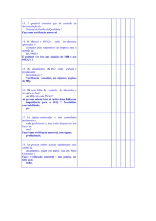 13. É possível constatar que há controle da
documentação do
Sistema de Gestão da Qualidade ?
Faça uma verificação amostral
14. O Manual e PSGQ’s estão devidamente
aprovados e
assinados pelo responsável da empresa para a
questão da
ISO 9000 ?
É possível ver isso nas páginas do MQ e nos
PSGQ’s ?

15. Os documentos da ISO estão legíveis e
prontamente
identificáveis ?
Verificação amostral, em algumas páginas
do MQ.

16. Há uma folha de controle de alterações e
revisões no final
do MQ e de cada PSGQ ?
As pessoas sabem falar as razões dessa folha,sua
importância para o SGQ ? Possibilitar
rastreabilidade,
p.e.

17. As cópias controladas e não controladas
pertinentes a
cada profissional e área estão disponíveis nos
locais de
uso?
Fazer uma verificação amostral, com alguns
profissionais.

18. As pessoas sabem acessar rapidamente suas
cópias de
documentos, sejam em papel, seja em Meio
Eletrônico ?
Fazer verificação amostral ; não precisa ser
feito com
todos.

 