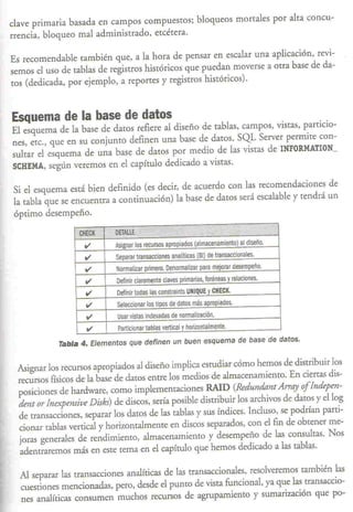 clave primaria basada en campos compuesros; bloqueos morrales por alra concu-
rrencia, bloqueo mal adminisrrado, ercérera.

Es recomendable también que, a la hora de pensar en escalar una aplicación, revi-
semos el uso de rabias de regisrros hisróricos que puedan moverse a otra base de da-
ros (dedicada, por ejemplo, a reporres y regimos hisróricos).


Esquema de la base de datos
El esquema de la base de daros refiere al diseño de tablas, campos, vistas, particio-
nes, etc., que en su conjunto definen una base de daros. SQL Server permite con-
sultar el esquema de una base de daros por medio de las vistas de INFORMATION_
SCHEMA, según veremos en el capítulo dedicado a vistas.

Si el esquema está bien definido (es decir, de acuerdo con las recomendaciones de
la tabla que se encuentra a continuación) la base de daros será escalable y rendrá un
 óptimo desempeño.
                                                                                          .
                  CHECK     DETALLE

                   v        Asignar los recursos apropiados (almacenamiento) al diseño.

                   v        Separar transacciones analíticas (BI) de transaccionales.

                   v        Normalizar primero. Denormalizar para mejorar desempeño.

                   v        Definir claramente claves primarías, foráneas y relaciones.

                   v        Definir todas las constraints UNIQUE y CHECK.

                   v        Seleccionar los tipos de datos más apropiados.

                   v        Usar vistas indexadas de normalización.

                   v         Partlcinnar tablas vertical y horizontalmente.

            Tabla 4. Elementos que definen           un buen esquema de base de datos.

 Asignar los recursos apropiados al diseño implica estudiar cómo hemos de distribuir los
 recursos físicosde la base de daros entre los medios de almacenamienro. En ciertas dis-
 posiciones de hardware, como implemenraciones RAID (RedundalltArray of Indepen-
 dent orlnexpensive Disk) de discos, sería posible distribuir los archivos de daros y el lag
 de transacciones, separar los datos de las tablas y sus Índices. Incluso, se podrían parti-
 cionar tablas vertical y horizonra1menre en discos separados, con el fin de obtener me-
 joras generales de rendimiento, almacenamiento y desempeño de las consulras. Nos
 adentraremos más en este rema en el capítulo que hemos dedicado a las rabIas.

  Al separar las transacciones analíticas de las transaccionales, resolveremos también las
  cuestiones mencionadas, pero, desde el PWlto de vista funcional, ya que las transaccio-
  nes analíticas consumen muchos recursos de agrupanlienro y swnarización que po-
 