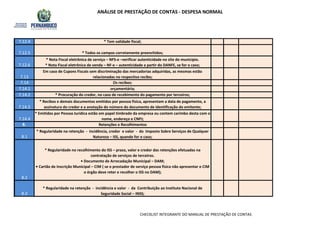 ANÁLISE DE PRESTAÇÃO DE CONTAS - DESPESA NORMAL
7.12.4
7.12.5
7.14
7.14.1
7.14.2
8.4 * Regularidade na contribuição a cargo do contratante – incidência e valor – da Contribuição ao Instituto Nacional de Seguridade Social – INSS (Para as contratações
7.13
Em caso de Cupons Fiscais sem discriminação das mercadorias adquiridas, as mesmas estão
relacionadas no respectivo recibo;
* Todos os campos corretamente preenchidos;
7.12.6
* Tem validade fiscal;
* Nota Fiscal eletrônica de venda – NF-e – autenticidade a partir do DANFE, se for o caso;
* Nota Fiscal eletrônica de serviço – NFS-e –verificar autenticidade no site do município.
* Nota Fiscal eletrônica de venda – NF-e – autenticidade a partir do DANFE, se for o caso;
* Procuração do credor, no caso de recebimento do pagamento por terceiros;
Os recibos:
orçamentária;
7.14.3
* Recibos e demais documentos emitidos por pessoa física, apresentam a data de pagamento, a
assinatura do credor e a anotação do número do documento de identificação do emitente;
7.14.4
* Emitidos por Pessoa Jurídica estão em papel timbrado da empresa ou contem carimbo desta com o
nome, endereço e CNPJ;
8.1
* Regularidade na retenção - incidência, credor e valor - do Imposto Sobre Serviços de Qualquer
Natureza – ISS, quando for o caso;
8. Retenções e Recolhimentos
8.3
* Regularidade na retenção - incidência e valor - da Contribuição ao Instituto Nacional de
Seguridade Social – INSS;
* Regularidade no recolhimento do ISS – prazo, valor e credor das retenções efetuadas na
contratação de serviços de terceiros.
• Documento de Arrecadação Municipal – DAM;
• Cartão de Inscrição Municipal – CIM ( se o prestador de serviço pessoa física não apresentar o CIM
o órgão deve reter e recolher o ISS no DAM);
8.2
CHECKLIST INTEGRANTE DO MANUAL DE PRESTAÇÃO DE CONTAS
 