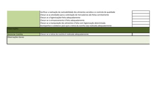 Verificar a realização da rastreabilidade dos alimentos servidos e o controle de qualidade
                     Checar se as atividades para a solicitação de mercadorias são feitas corretamente
                     Checar se a higienizaçãoé feita adequadamente
                     Checar se o armazenamento é feito adequadamente
                     Checar se a manipulação dos alimentos é feita com higienização determinada
                     Acompanhar e colaborar para que a rotina da cozinha seja realizada adequadamente
Observações:

Gerenciar Cozinha    Checar se a rotina da cozinha é realizada adequadamente
Observações Gerais
 