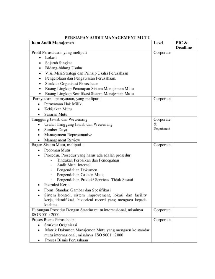 Check List Persiapan Audit Manajemen Mutu by daniel doni 