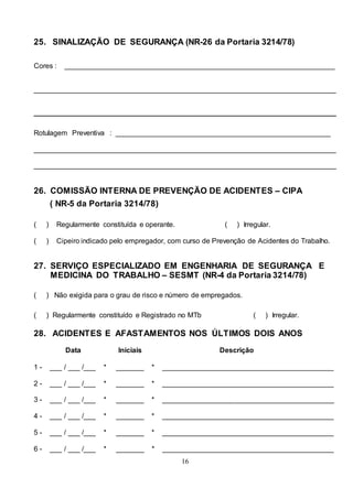 16
25. SINALIZAÇÃO DE SEGURANÇA (NR-26 da Portaria 3214/78)
Cores : ____________________________________________________________________
____________________________________________________________________________
____________________________________________________________________________
Rotulagem Preventiva : ______________________________________________________
____________________________________________________________________________
____________________________________________________________________________
26. COMISSÃO INTERNA DE PREVENÇÃO DE ACIDENTES – CIPA
( NR-5 da Portaria 3214/78)
( ) Regularmente constituída e operante. ( ) Irregular.
( ) Cipeiro indicado pelo empregador, com curso de Prevenção de Acidentes do Trabalho.
27. SERVIÇO ESPECIALIZADO EM ENGENHARIA DE SEGURANÇA E
MEDICINA DO TRABALHO – SESMT (NR-4 da Portaria 3214/78)
( ) Não exigida para o grau de risco e número de empregados.
( ) Regularmente constituído e Registrado no MTb ( ) Irregular.
28. ACIDENTES E AFASTAMENTOS NOS ÚLTIMOS DOIS ANOS
Data Iniciais Descrição
1 - ___ / ___ /___ * _______ * ___________________________________________
2 - ___ / ___ /___ * _______ * ___________________________________________
3 - ___ / ___ /___ * _______ * ___________________________________________
4 - ___ / ___ /___ * _______ * ___________________________________________
5 - ___ / ___ /___ * _______ * ___________________________________________
6 - ___ / ___ /___ * _______ * ___________________________________________
 