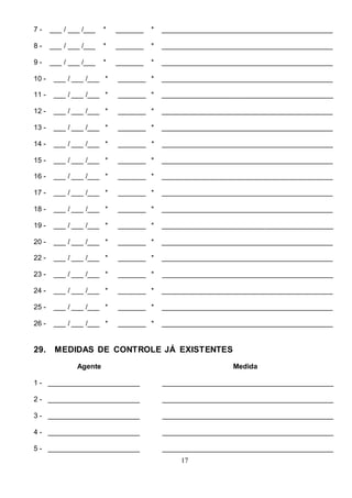 17
7 - ___ / ___ /___ * _______ * ___________________________________________
8 - ___ / ___ /___ * _______ * ___________________________________________
9 - ___ / ___ /___ * _______ * ___________________________________________
10 - ___ / ___ /___ * _______ * ___________________________________________
11 - ___ / ___ /___ * _______ * ___________________________________________
12 - ___ / ___ /___ * _______ * ___________________________________________
13 - ___ / ___ /___ * _______ * ___________________________________________
14 - ___ / ___ /___ * _______ * ___________________________________________
15 - ___ / ___ /___ * _______ * ___________________________________________
16 - ___ / ___ /___ * _______ * ___________________________________________
17 - ___ / ___ /___ * _______ * ___________________________________________
18 - ___ / ___ /___ * _______ * ___________________________________________
19 - ___ / ___ /___ * _______ * ___________________________________________
20 - ___ / ___ /___ * _______ * ___________________________________________
22 - ___ / ___ /___ * _______ * ___________________________________________
23 - ___ / ___ /___ * _______ * ___________________________________________
24 - ___ / ___ /___ * _______ * ___________________________________________
25 - ___ / ___ /___ * _______ * ___________________________________________
26 - ___ / ___ /___ * _______ * ___________________________________________
29. MEDIDAS DE CONTROLE JÁ EXISTENTES
Agente Medida
1 - _______________________ ___________________________________________
2 - _______________________ ___________________________________________
3 - _______________________ ___________________________________________
4 - _______________________ ___________________________________________
5 - _______________________ ___________________________________________
 