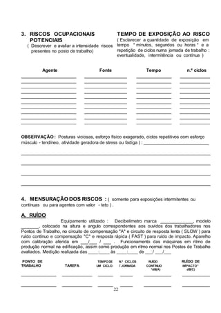 22
3. RISCOS OCUPACIONAIS
POTENCIAIS
( Descrever e avaliar a intensidade riscos
presentes no posto de trabalho)
TEMPO DE EXPOSIÇÃO AO RISCO
( Esclarecer a quantidade de exposição em
tempo * minutos, segundos ou horas * e a
repetição de ciclos numa jornada de trabalho :
eventualidade, intermitência ou contínua )
Agente Fonte Tempo n.º ciclos
______________________ _________________ ______________ ____________
______________________ _________________ ______________ ____________
______________________ _________________ ______________ ____________
______________________ _________________ ______________ ____________
______________________ _________________ ______________ ____________
______________________ _________________ ______________ ____________
______________________ _________________ ______________ ____________
______________________ _________________ ______________ ____________
______________________ _________________ ______________ ____________
______________________ _________________ ______________ ____________
OBSERVAÇÃO : Posturas viciosas, esforço físico exagerado, ciclos repetitivos com esforço
músculo - tendíneo, atividade geradora de stress ou fadiga ) : __________________________
____________________________________________________________________________
____________________________________________________________________________
____________________________________________________________________________
____________________________________________________________________________
4. MENSURAÇÃO DOS RISCOS : ( somente para exposições intermitentes ou
contínuas ou para agentes com valor - teto ) .
A. RUÍDO
Equipamento utilizado : Decibelímetro marca _____________, modelo
_______, colocado na altura e angulo correspondentes aos ouvidos dos trabalhadores nos
Pontos de Trabalho, no circuito de compensação "A" e circuito de resposta lenta ( SLOW ) para
ruído contínuo e compensação "C" e resposta rápida ( FAST ) para ruído de impacto. Aparelho
com calibração aferida em ___/___ / ___ . Funcionamento das máquinas em ritmo de
produção normal na edificação, assim como produção em ritmo normal nos Postos de Trabalho
avaliados. Medição realizada das ____:____ às ____:____ de ___/ ___/___
PONTO DE TEMPODE N.º CICLOS RUÍDO RUÍDO DE
TRABALHO TAREFA UM CICLO / JORNADA CONTÍNUO IMPACTO*
*dB(A) dB(C)
______________ ____________ ______ _____ ___________ ___________
______________ ____________ ______ _____ ___________ ___________
 